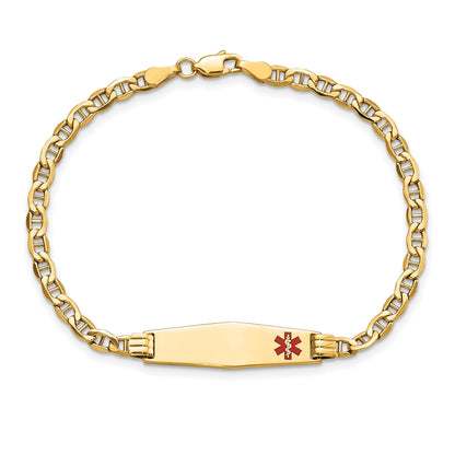 14K Medical Semi-Solid Chain/Solid Plate 26x7mm Soft Diamond Shape Off-Center Red Enamel Anchor Link 8 inch ID Bracelet