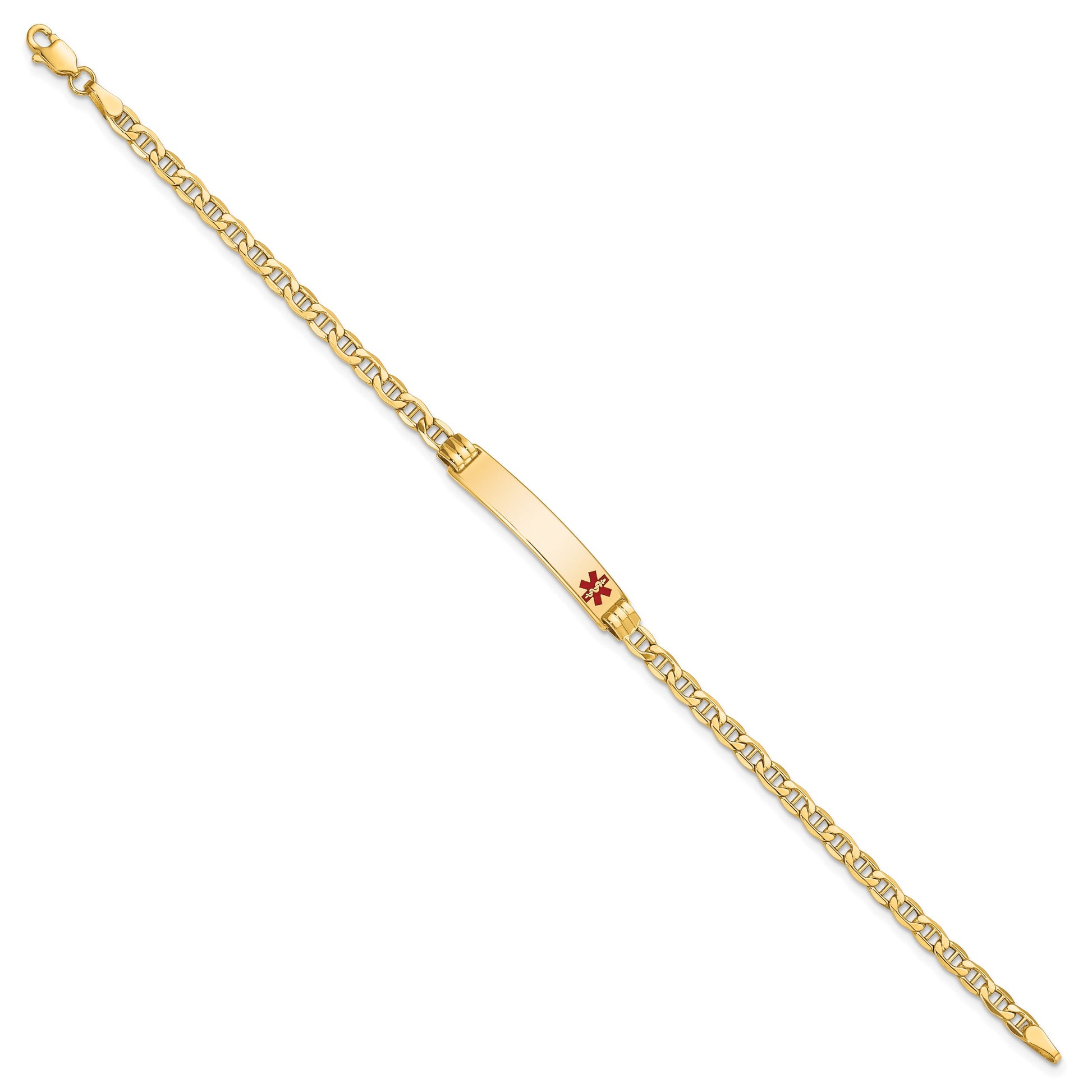 14k Medical Semi-Solid Chain/Solid Plate 26x5mm Off-Center Red Enamel Anchor Link 7 inch ID Bracelet
