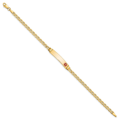 14k Medical Semi-Solid Chain/Solid Plate 26x5mm Off-Center Red Enamel Anchor Link 7 inch ID Bracelet