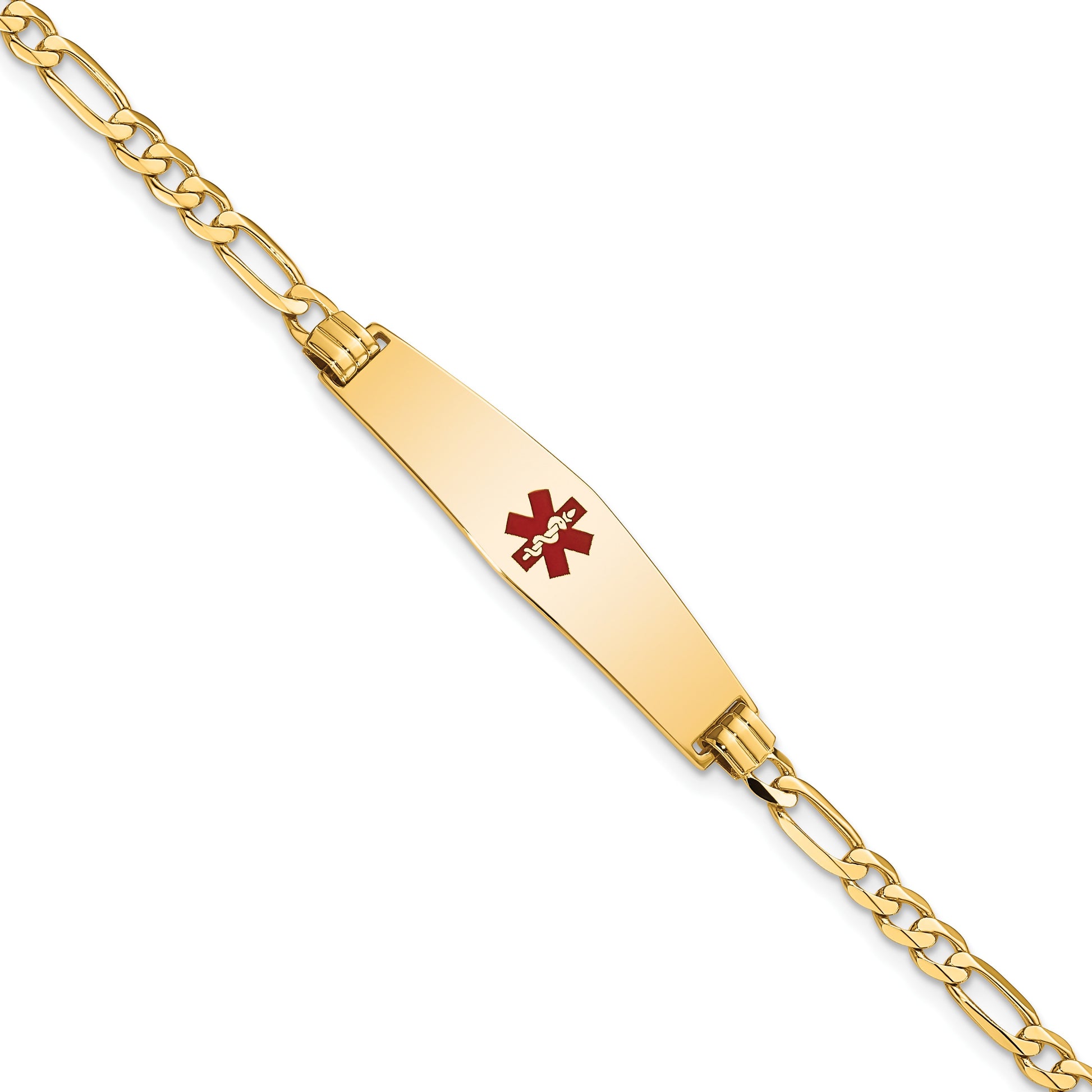 14K Medical Solid Chain/Solid Plate Soft Diamond Shape 33x8mm Centered Red Enamel Flat Figaro Link 7 inch ID Bracelet