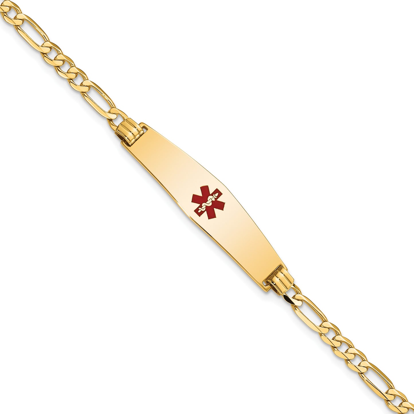 14K Medical Solid Chain/Solid Plate Soft Diamond Shape 33x8mm Centered Red Enamel Flat Figaro Link 8 inch ID Bracelet