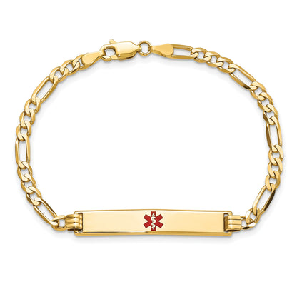 14K Medical Solid Chain/Solid Plate 34x6mm Centered Red Enamel Flat Figaro Link 7 inch ID Bracelet