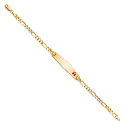 14K Medical Solid Chain/Solid Plate Soft Diamond Shape 33x8mm Off-Center Red Enamel Flat Figaro Link 7 inch ID Bracelet