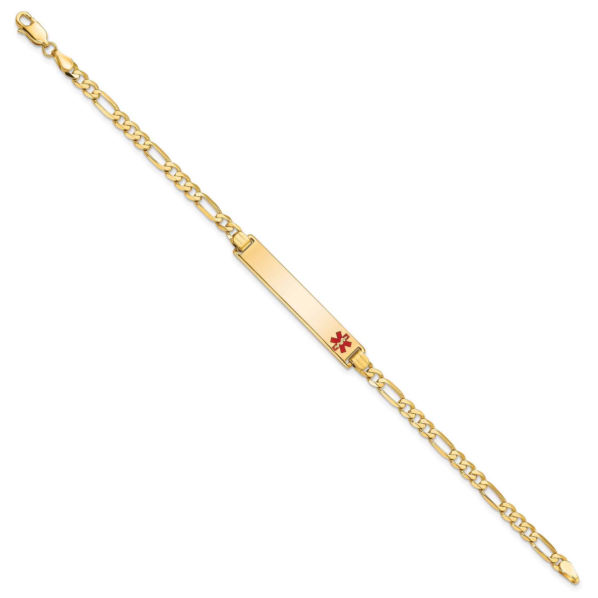 14K Medical Solid Chain/Solid Plate 33x6mm Off-Center Red Enamel Flat Figaro Link 8 inch ID Bracelet