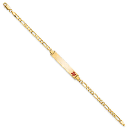 14K Medical Solid Chain/Solid Plate 33x6mm Off-Center Red Enamel Flat Figaro Link 8 inch ID Bracelet