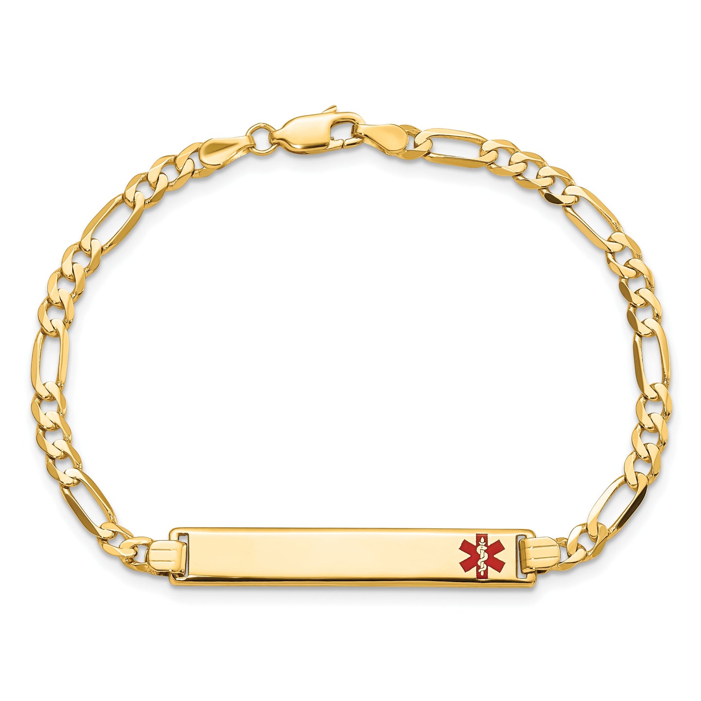 14K Medical Solid Chain/Solid Plate 33x6mm Off-Center Red Enamel Flat Figaro Link 8 inch ID Bracelet