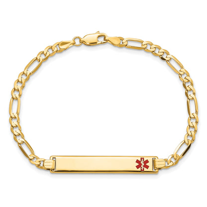 14K Medical Solid Chain/Solid Plate 33x6mm Off-Center Red Enamel Flat Figaro Link 8 inch ID Bracelet