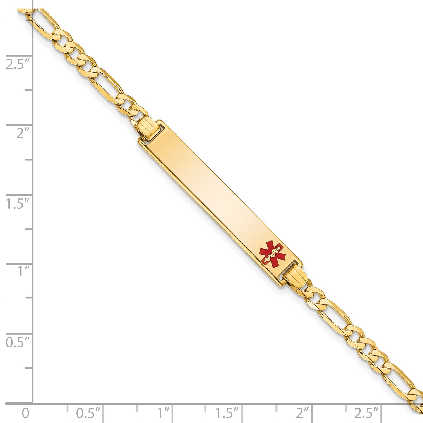 14K Medical Solid Chain/Solid Plate 33x6mm Off-Center Red Enamel Flat Figaro Link 8 inch ID Bracelet