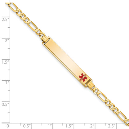 14K Medical Solid Chain/Solid Plate 33x6mm Off-Center Red Enamel Flat Figaro Link 8 inch ID Bracelet