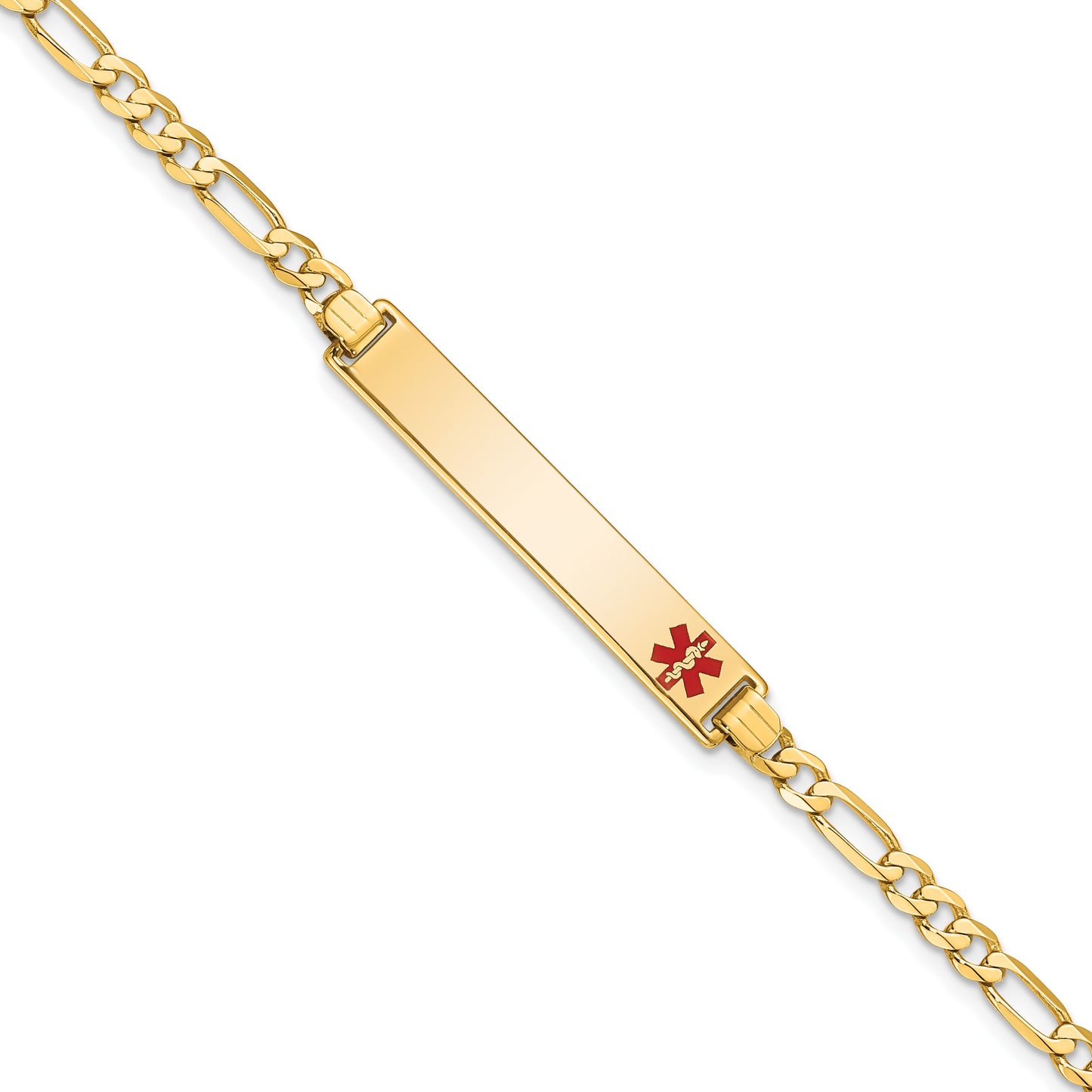 14K Medical Solid Chain/Solid Plate 33x6mm Off-Center Red Enamel Flat Figaro Link 8 inch ID Bracelet