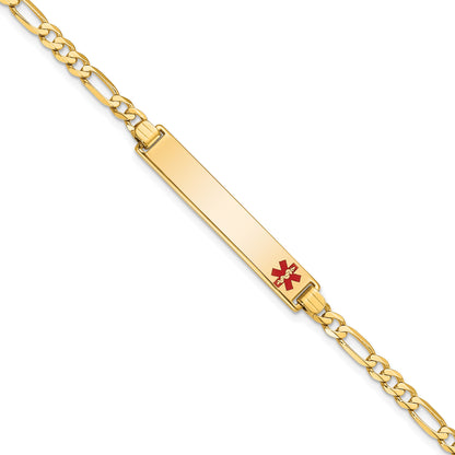 14K Medical Solid Chain/Solid Plate 33x6mm Off-Center Red Enamel Flat Figaro Link 8 inch ID Bracelet
