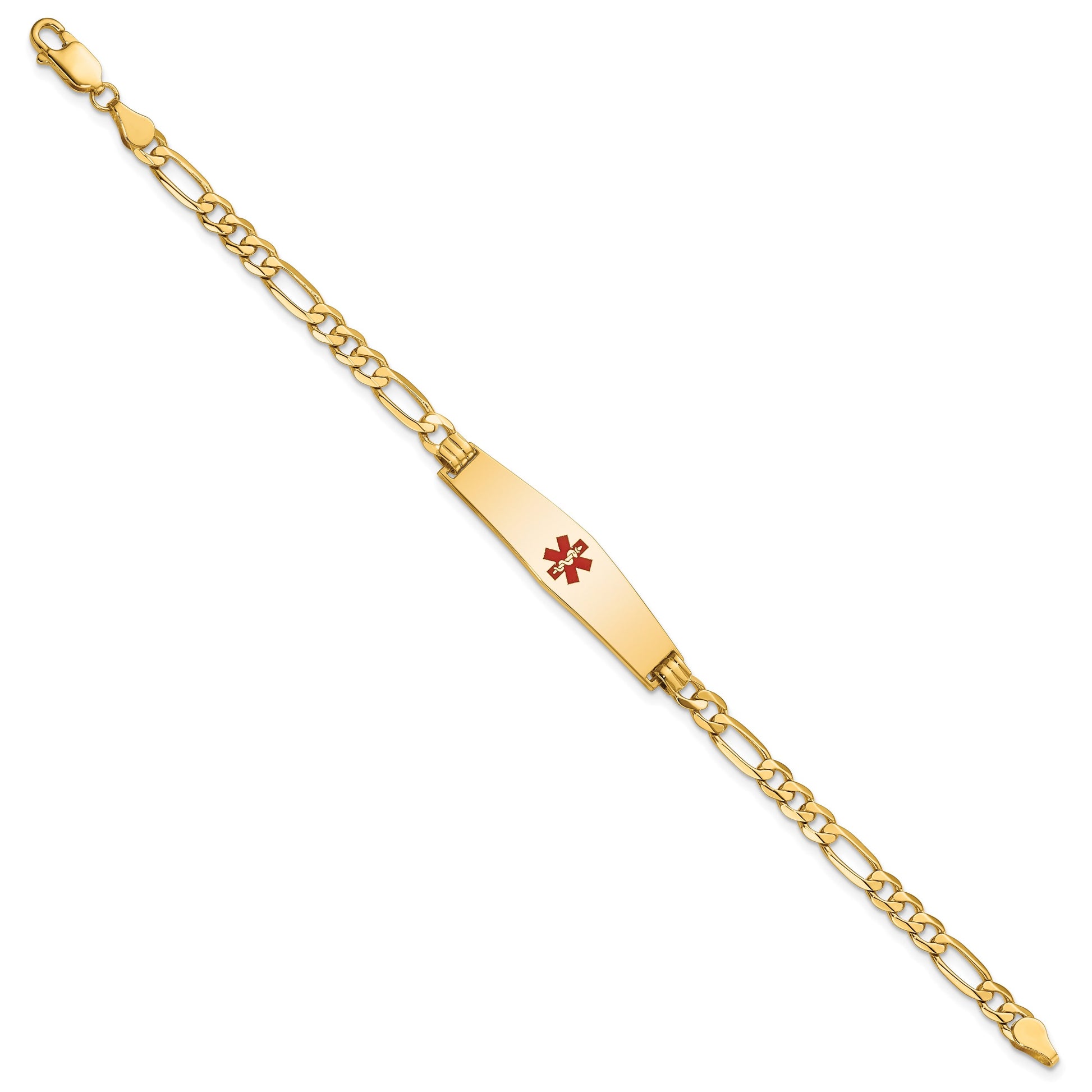 14K Medical Solid Chain/Solid Plate Soft Diamond Shape 33x8mm Centered Red Enamel Flat Figaro Link 7 inch ID Bracelet