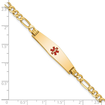 14K Medical Solid Chain/Solid Plate Soft Diamond Shape 33x8mm Centered Red Enamel Flat Figaro Link 8 inch ID Bracelet