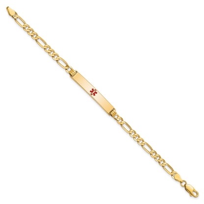 14K Medical Solid Chain/Solid Plate 34x6mm Centered Red Enamel Flat Figaro Link 7 inch ID Bracelet