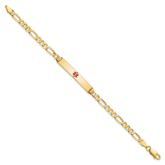 14K Medical Solid Chain/Solid Plate 34x6mm Centered Red Enamel Flat Figaro Link 7 inch ID Bracelet