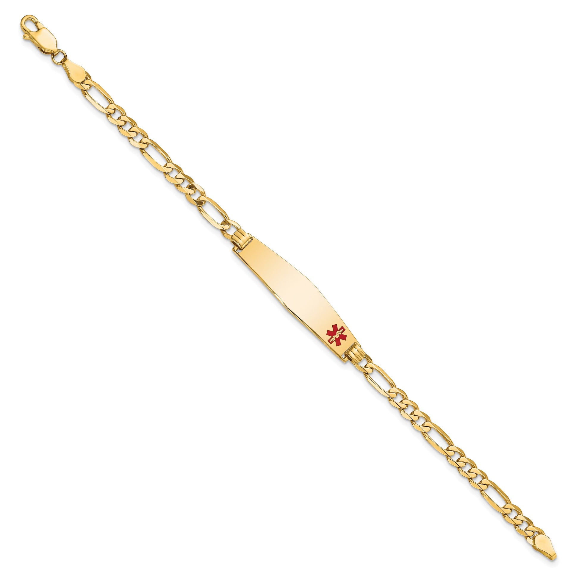 14K Medical Solid Chain/Solid Plate Soft Diamond Shape 33x8mm Off-Center Red Enamel Flat Figaro Link 8 inch ID Bracelet