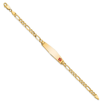 14K Medical Solid Chain/Solid Plate Soft Diamond Shape 33x8mm Off-Center Red Enamel Flat Figaro Link 8 inch ID Bracelet