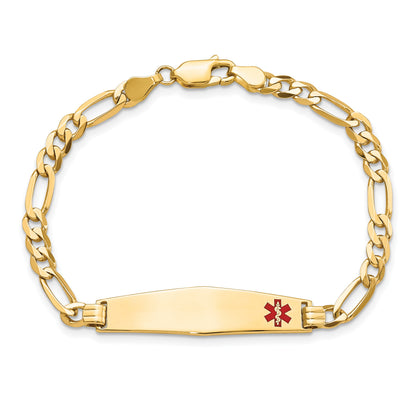 14K Medical Solid Chain/Solid Plate Soft Diamond Shape 33x8mm Off-Center Red Enamel Flat Figaro Link 8 inch ID Bracelet