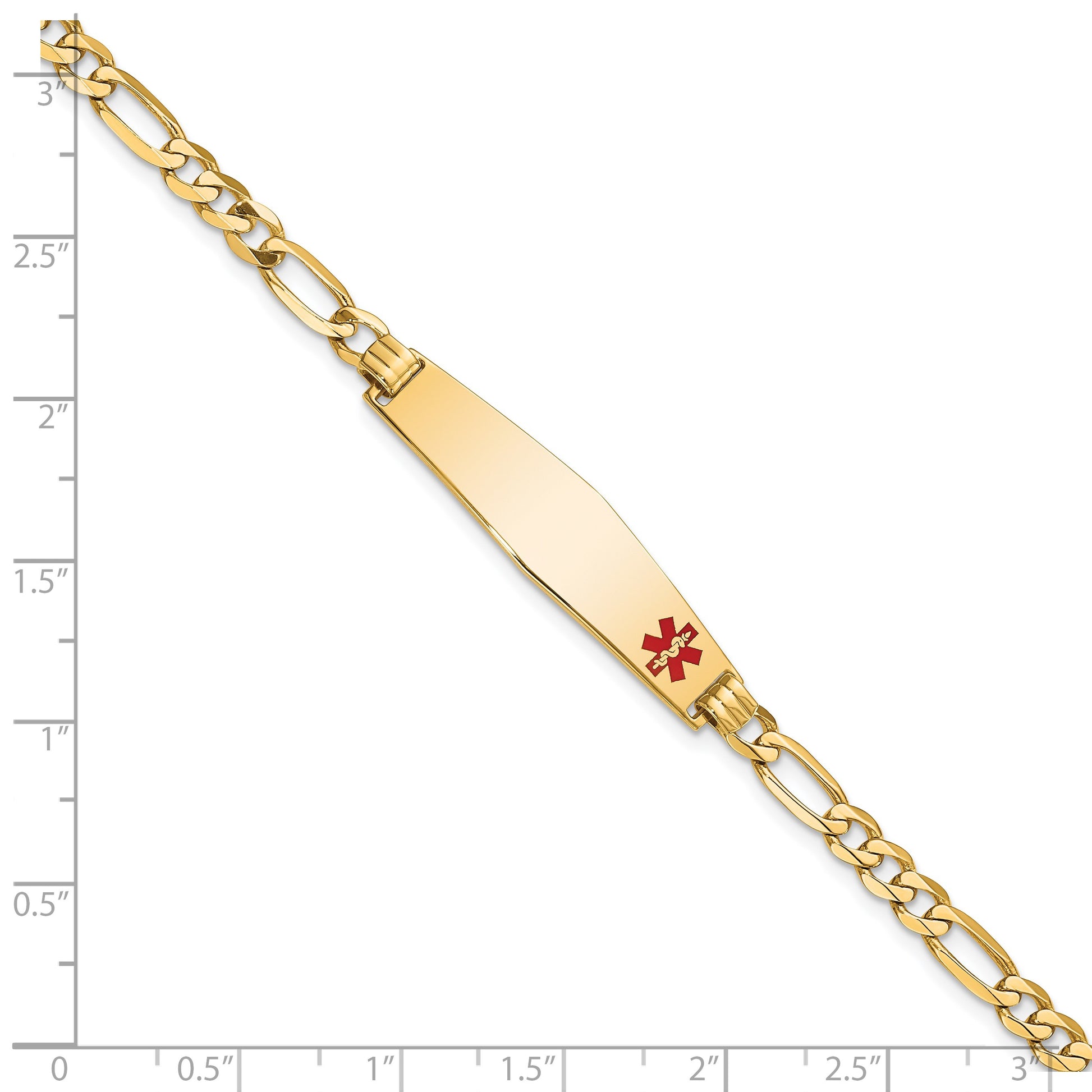 14K Medical Solid Chain/Solid Plate Soft Diamond Shape 33x8mm Off-Center Red Enamel Flat Figaro Link 8 inch ID Bracelet