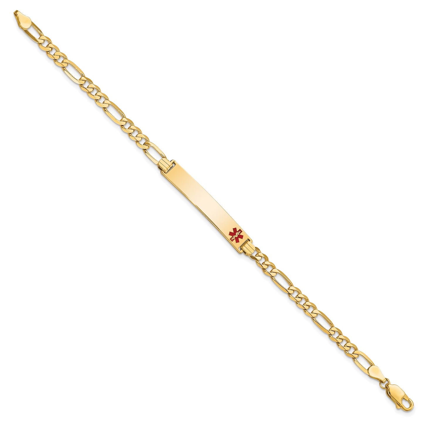 14K Medical Solid Chain/Solid Plate 33x6mm Off-Center Red Enamel Flat Figaro Link 8 inch ID Bracelet