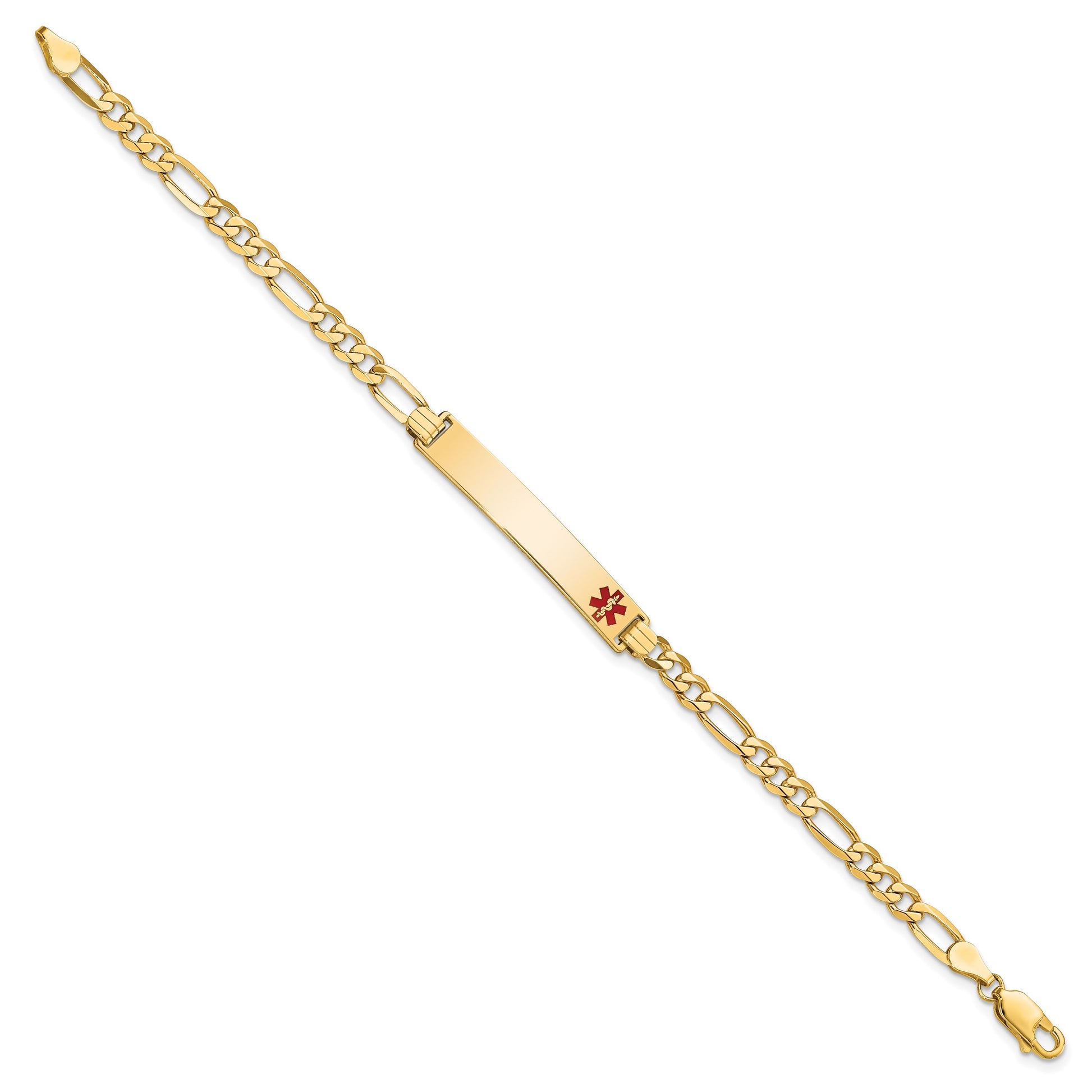 14K Medical Solid Chain/Solid Plate 33x6mm Off-Center Red Enamel Flat Figaro Link 8 inch ID Bracelet