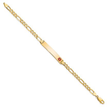 14K Medical Solid Chain/Solid Plate 33x6mm Off-Center Red Enamel Flat Figaro Link 8 inch ID Bracelet