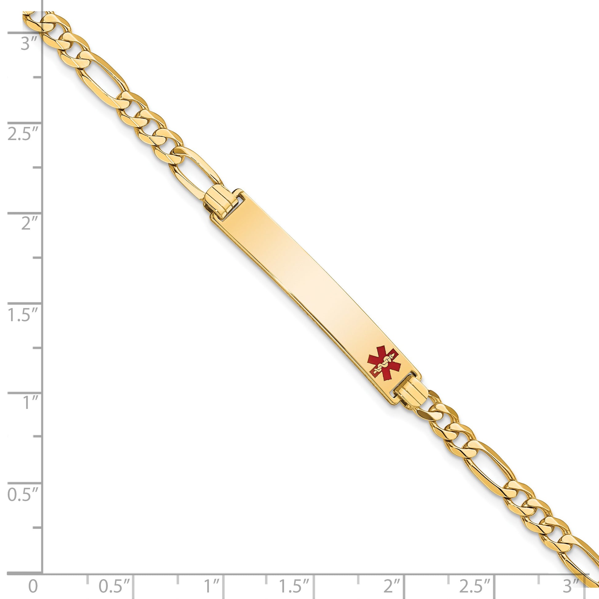 14K Medical Solid Chain/Solid Plate 33x6mm Off-Center Red Enamel Flat Figaro Link 8 inch ID Bracelet