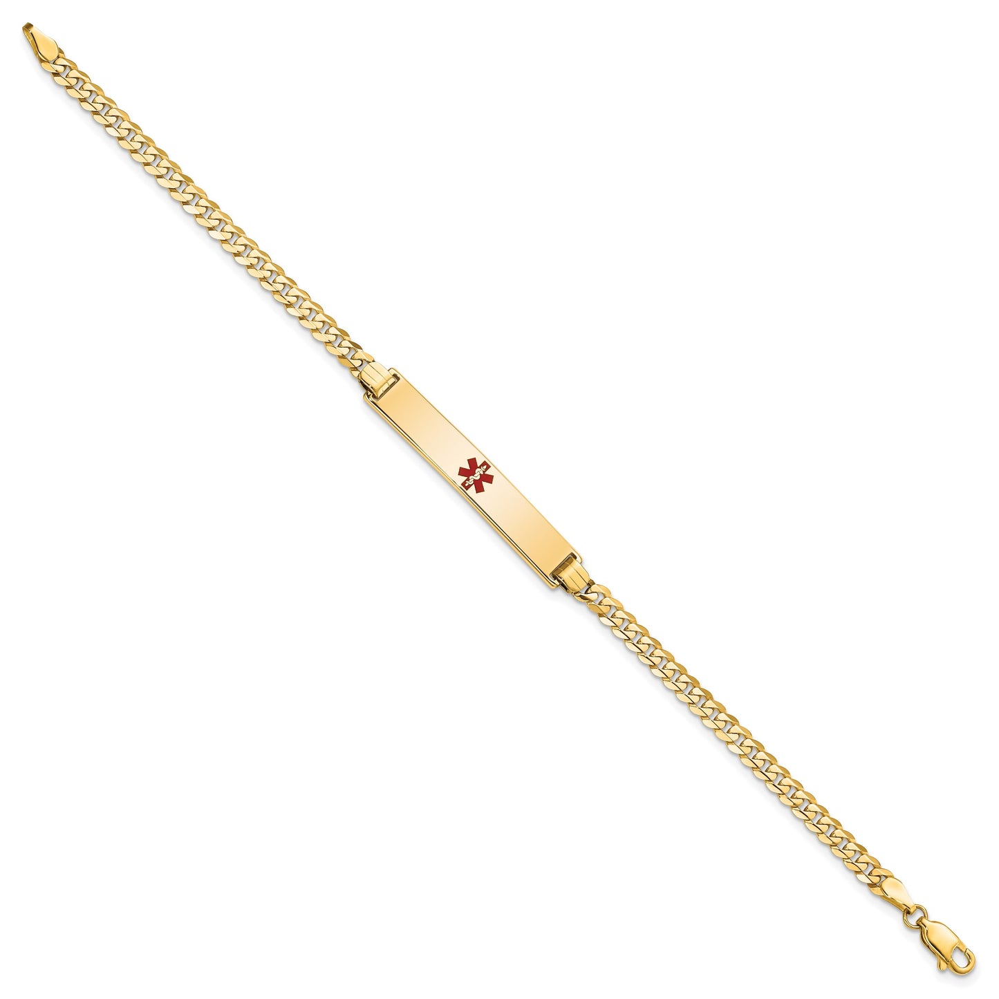 14K Medical Solid Chain/Solid Plate 34x6mm Centered Red Enamel Flat Curb Link 8 inch ID Bracelet