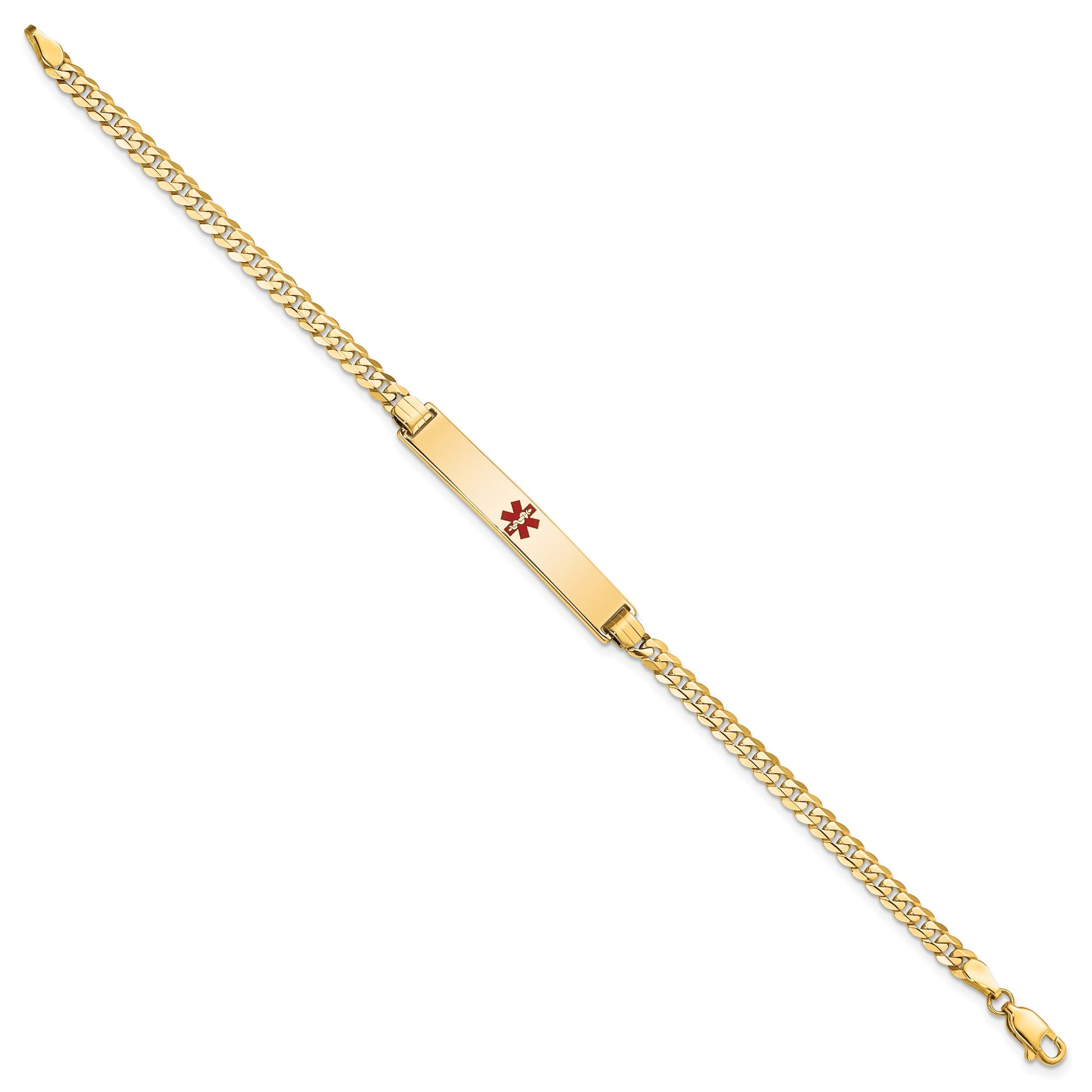 14K Medical Solid Chain/Solid Plate 34x6mm Centered Red Enamel Flat Curb Link 8 inch ID Bracelet