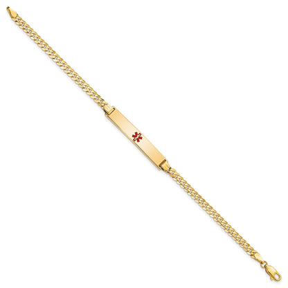 14K Medical Solid Chain/Solid Plate 34x6mm Centered Red Enamel Flat Curb Link 8 inch ID Bracelet