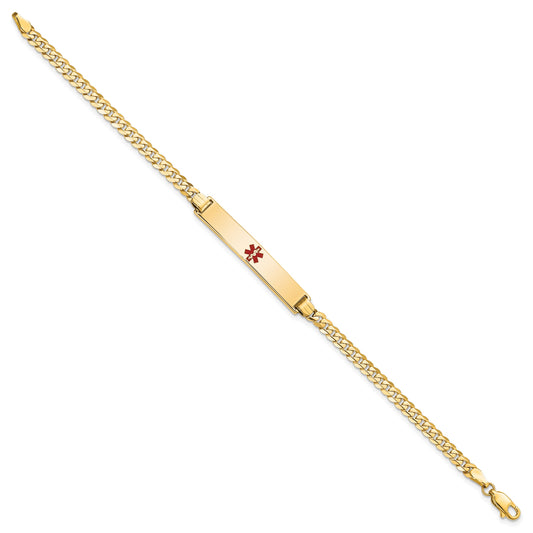 14K Medical Solid Chain/Solid Plate 34x6mm Centered Red Enamel Flat Curb Link 8 inch ID Bracelet