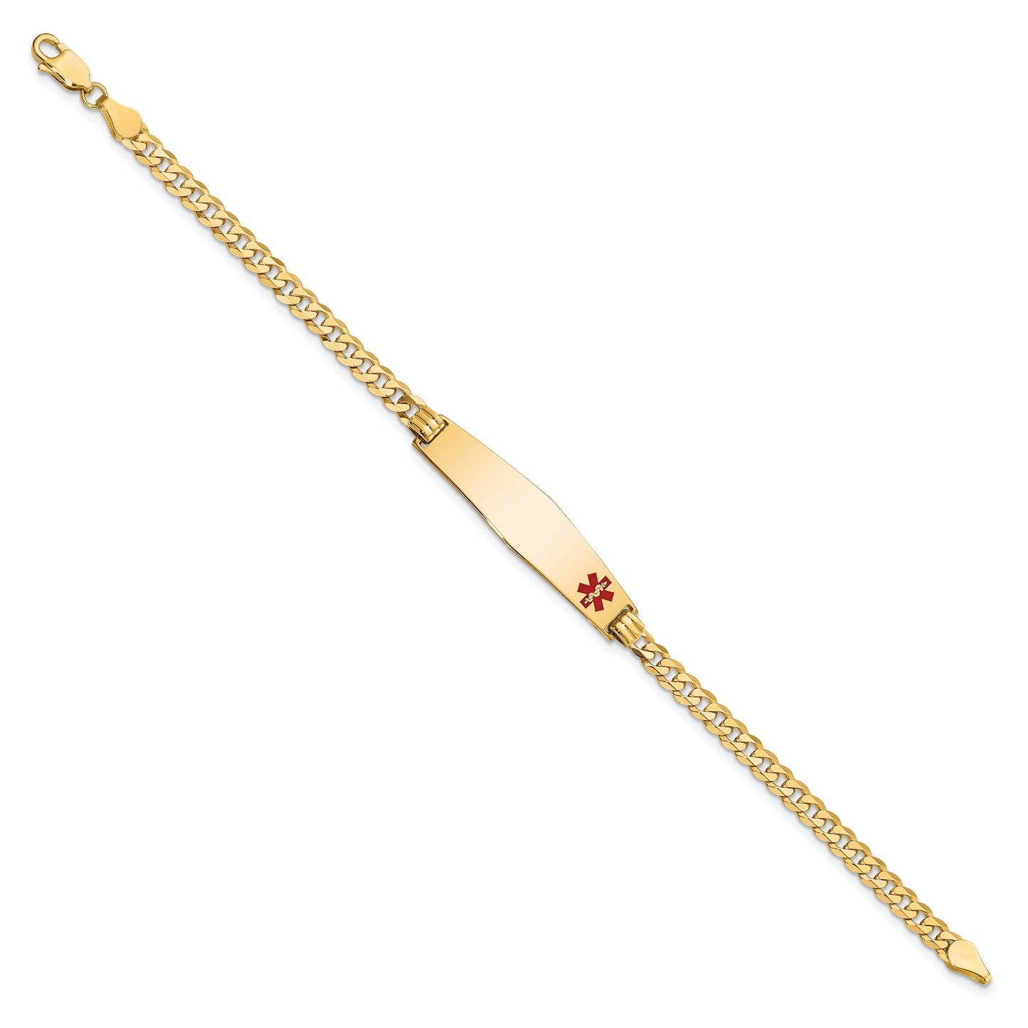 14K Medical Solid Chain/Solid Plate Soft Diamond Shape 33x8mm Off-Center Red Enamel Flat Curb Link 8 inch ID Bracelet