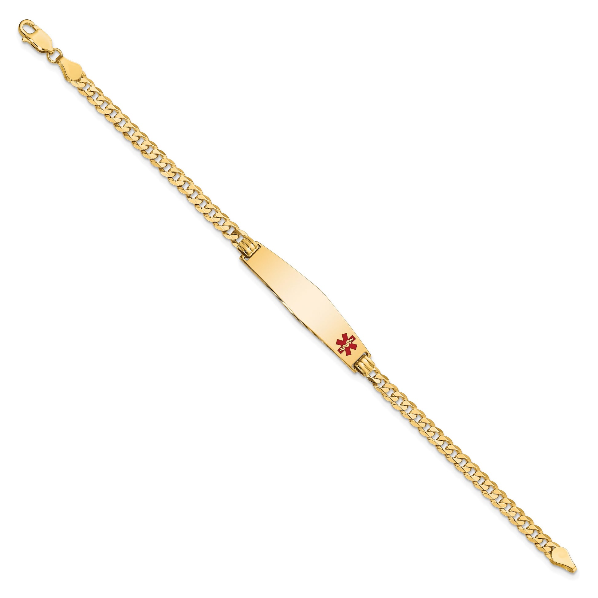 14K Medical Solid Chain/Solid Plate Soft Diamond Shape 33x8mm Off-Center Red Enamel Flat Curb Link 8 inch ID Bracelet