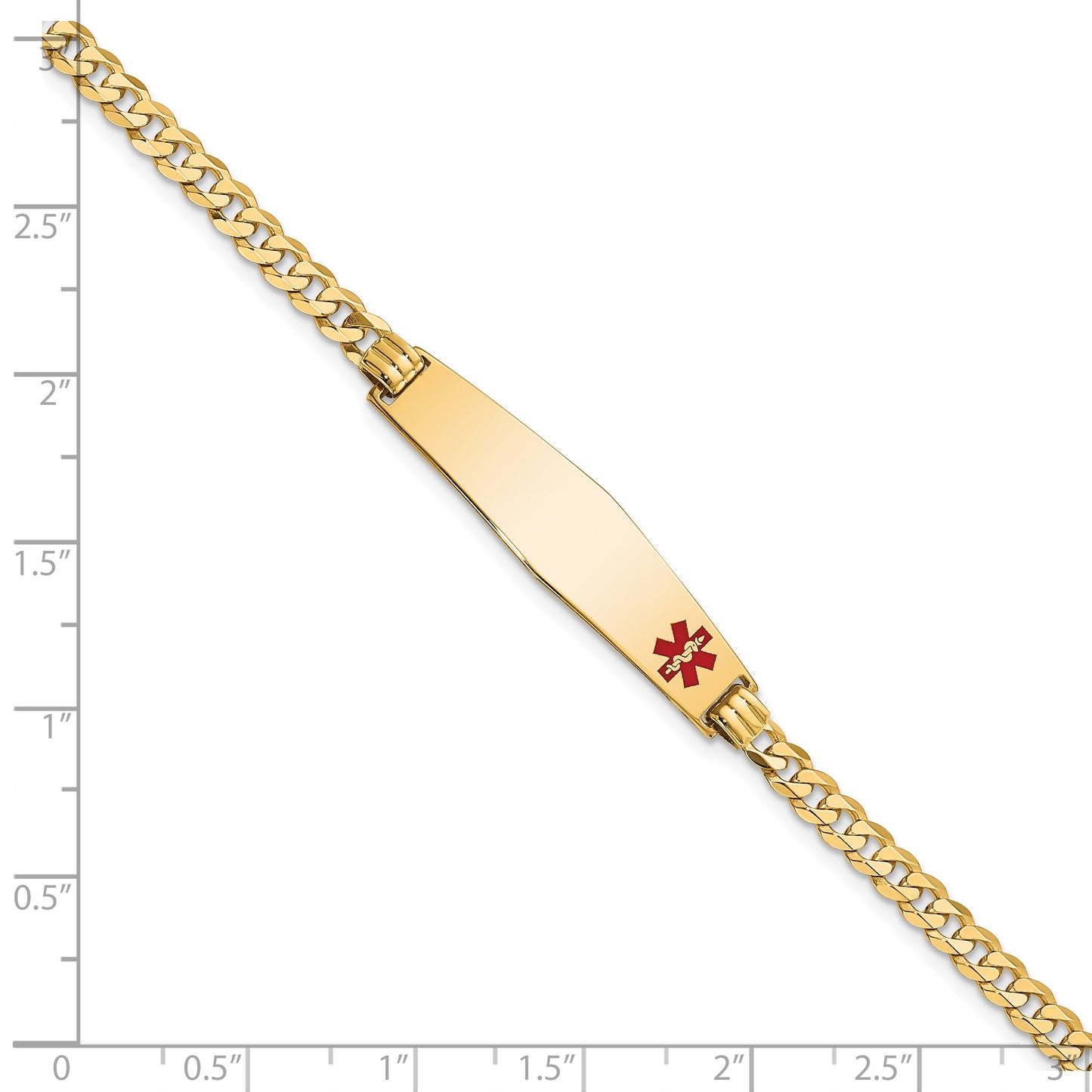 14K Medical Solid Chain/Solid Plate Soft Diamond Shape 33x8mm Off-Center Red Enamel Flat Curb Link 8 inch ID Bracelet