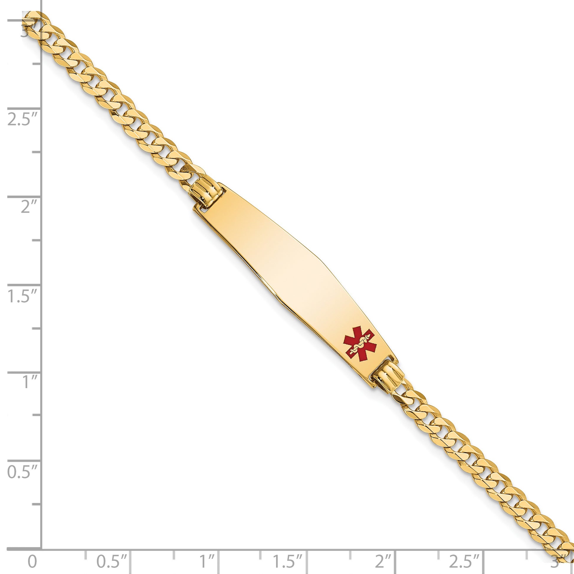14K Medical Solid Chain/Solid Plate Soft Diamond Shape 33x8mm Off-Center Red Enamel Flat Curb Link 8 inch ID Bracelet