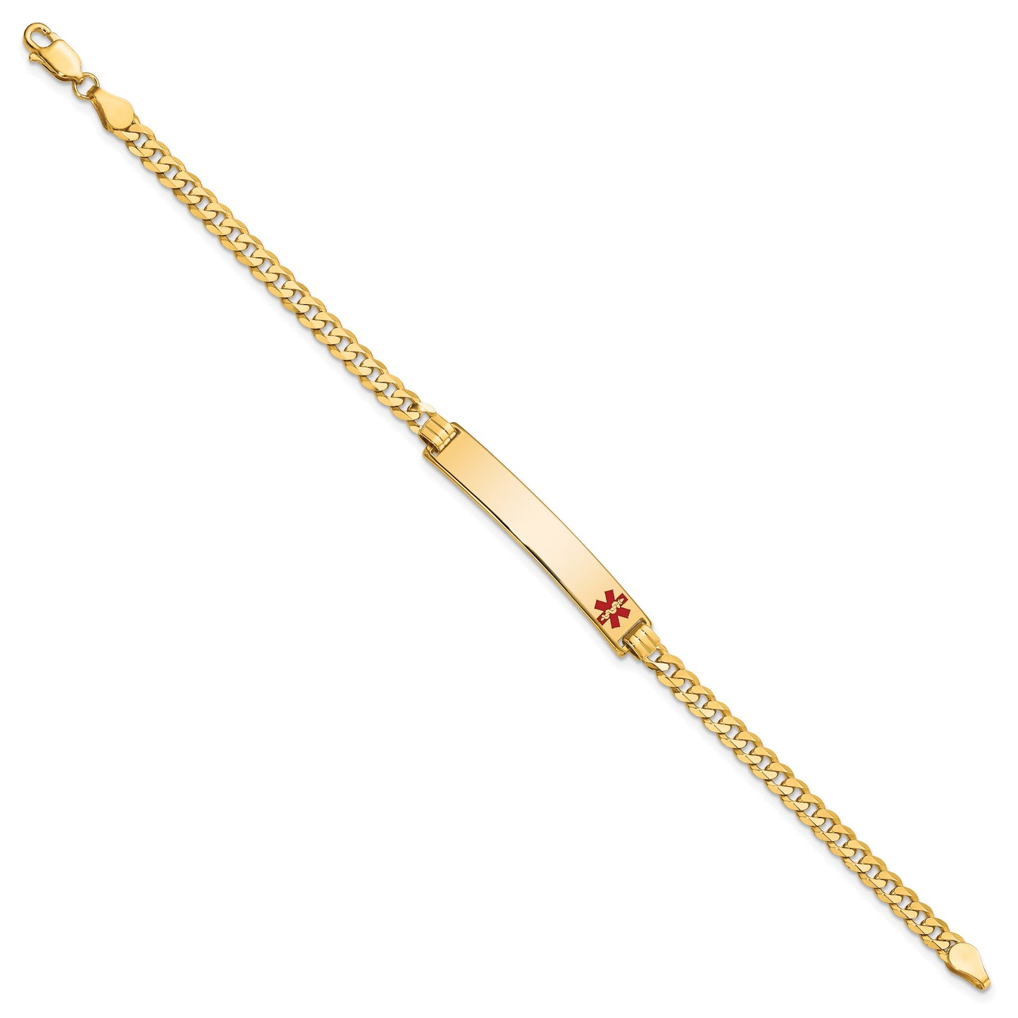 14K Medical Solid Chain/Solid Plate 33x6mm Off-Center Red Enamel Flat Curb Link 7 inch ID Bracelet