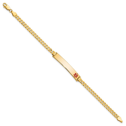 14K Medical Solid Chain/Solid Plate 33x6mm Off-Center Red Enamel Flat Curb Link 7 inch ID Bracelet