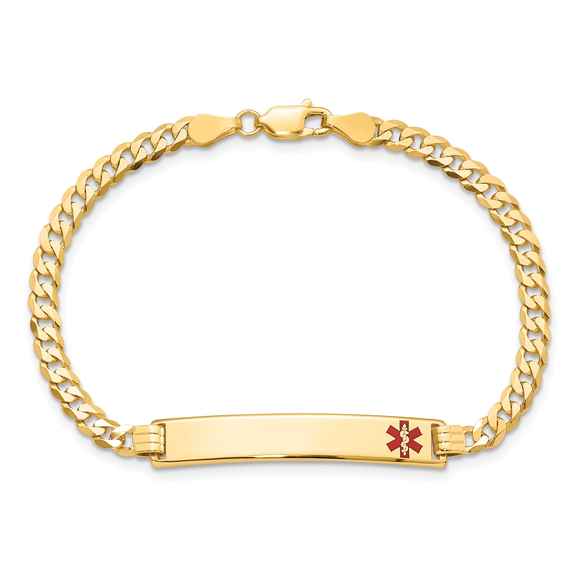 14K Medical Solid Chain/Solid Plate 33x6mm Off-Center Red Enamel Flat Curb Link 8 inch ID Bracelet