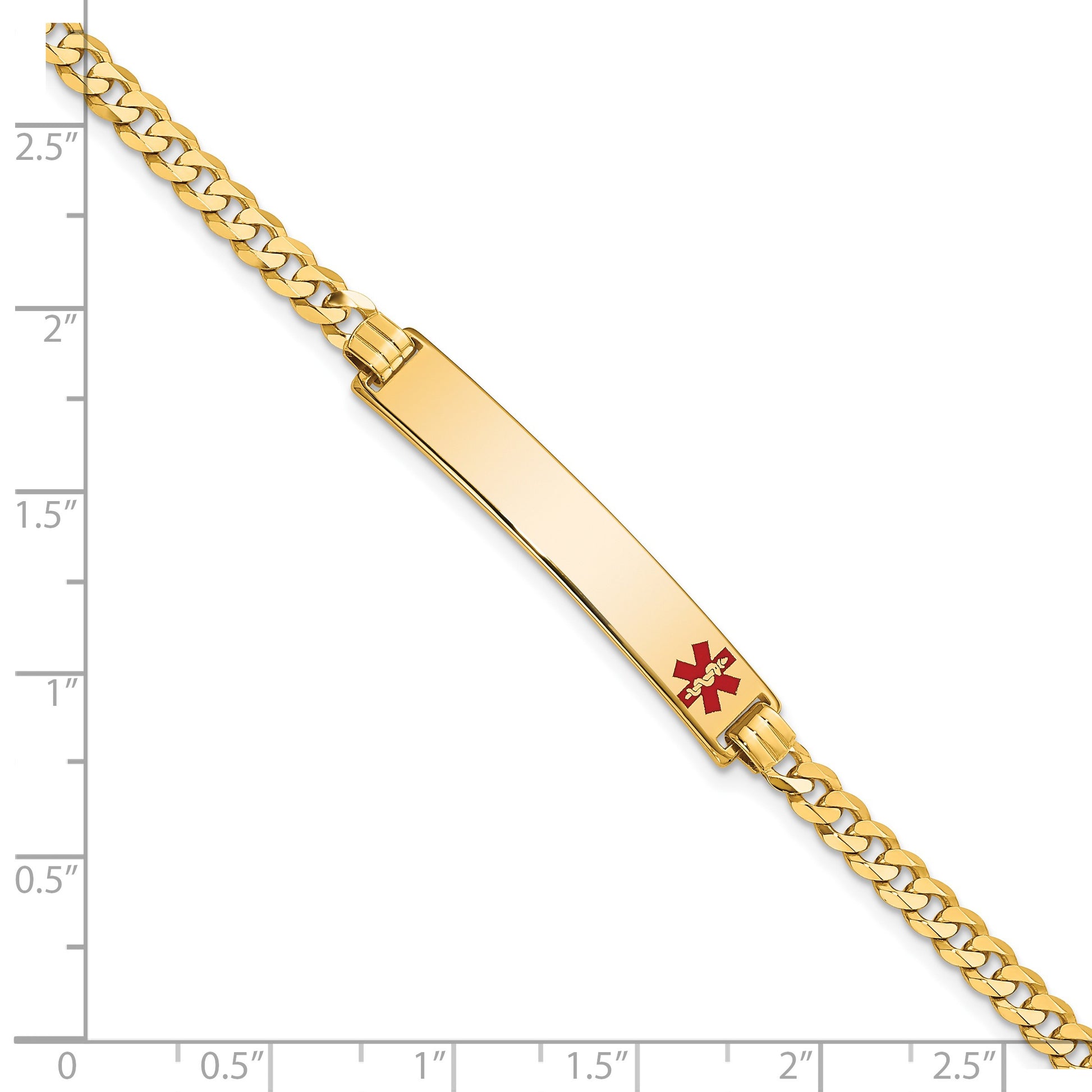14K Medical Solid Chain/Solid Plate 33x6mm Off-Center Red Enamel Flat Curb Link 7 inch ID Bracelet