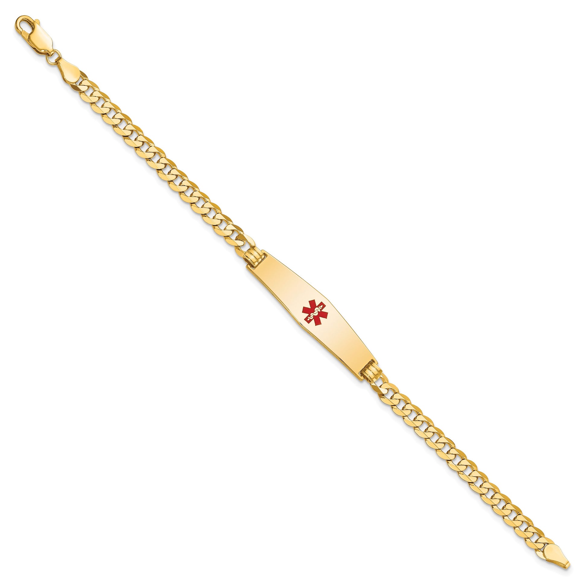 14K Medical Solid Chain/Solid Plate Soft Diamond Shape 33x8mm Centered Red Enamel Flat Curb Link 7 inch ID Bracelet