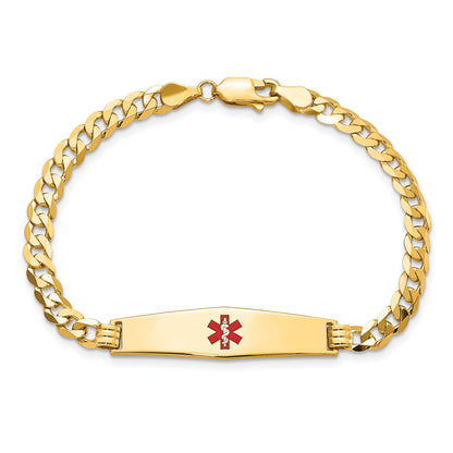 14K Medical Solid Chain/Solid Plate Soft Diamond Shape 33x8mm Centered Red Enamel Flat Curb Link 8 inch ID Bracelet