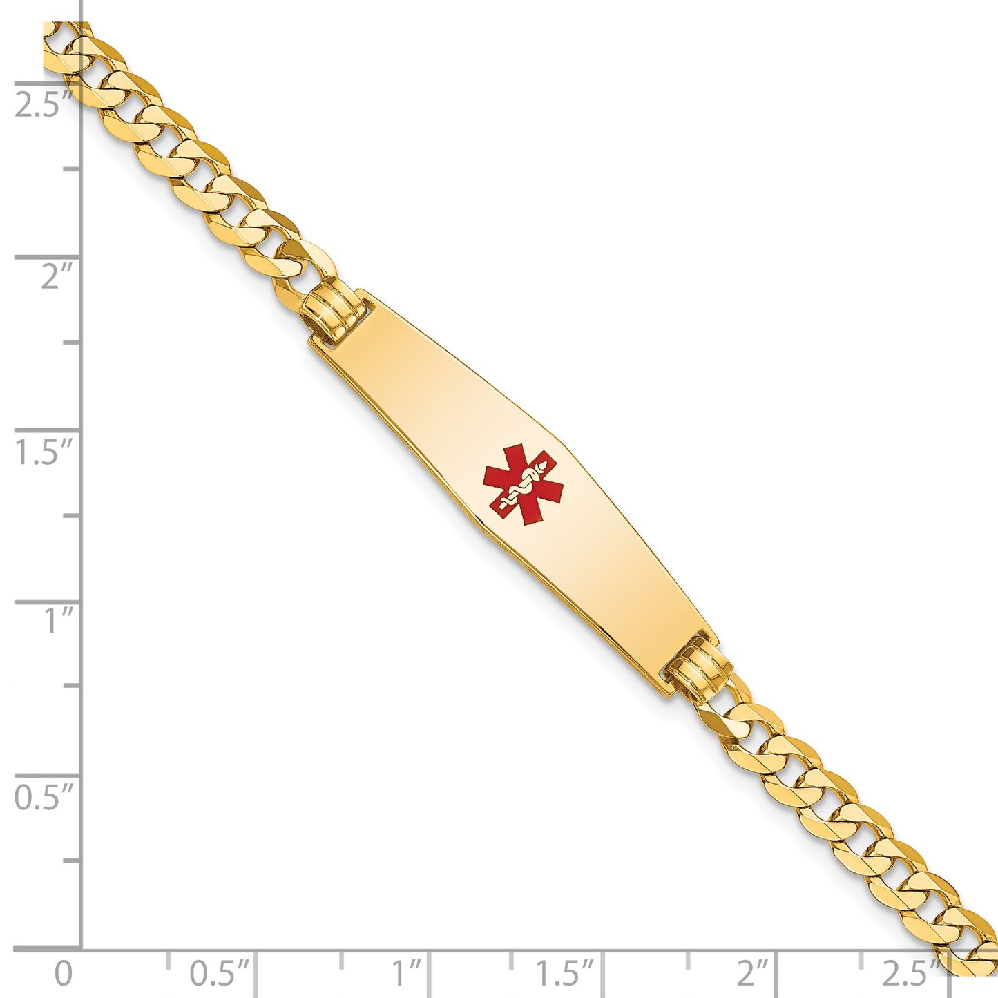 14K Medical Solid Chain/Solid Plate Soft Diamond Shape 33x8mm Centered Red Enamel Flat Curb Link 8 inch ID Bracelet