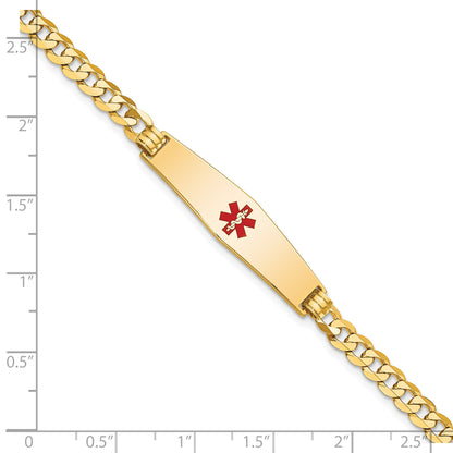 14K Medical Solid Chain/Solid Plate Soft Diamond Shape 33x8mm Centered Red Enamel Flat Curb Link 8 inch ID Bracelet