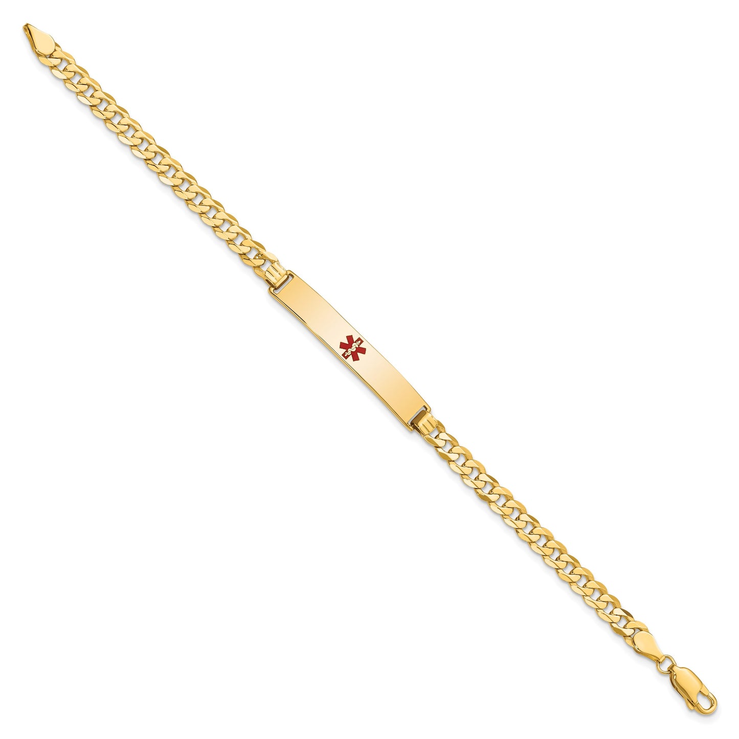 14K Medical Solid Chain/Solid Plate 34x6mm Centered Red Enamel Flat Curb Link 8 inch ID Bracelet