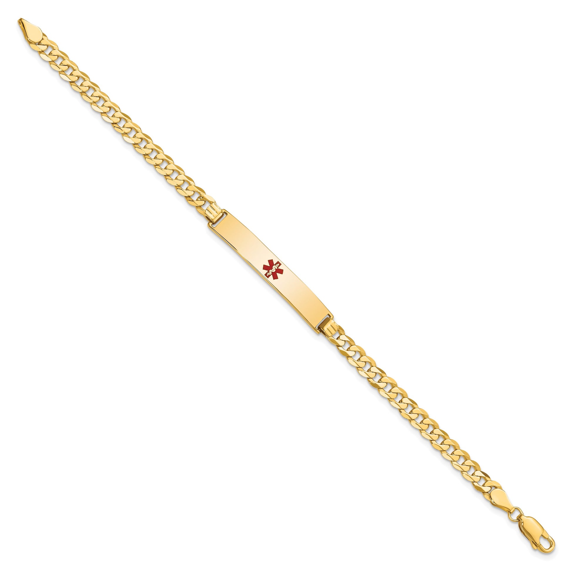 14K Medical Solid Chain/Solid Plate 34x6mm Centered Red Enamel Flat Curb Link 7 inch ID Bracelet