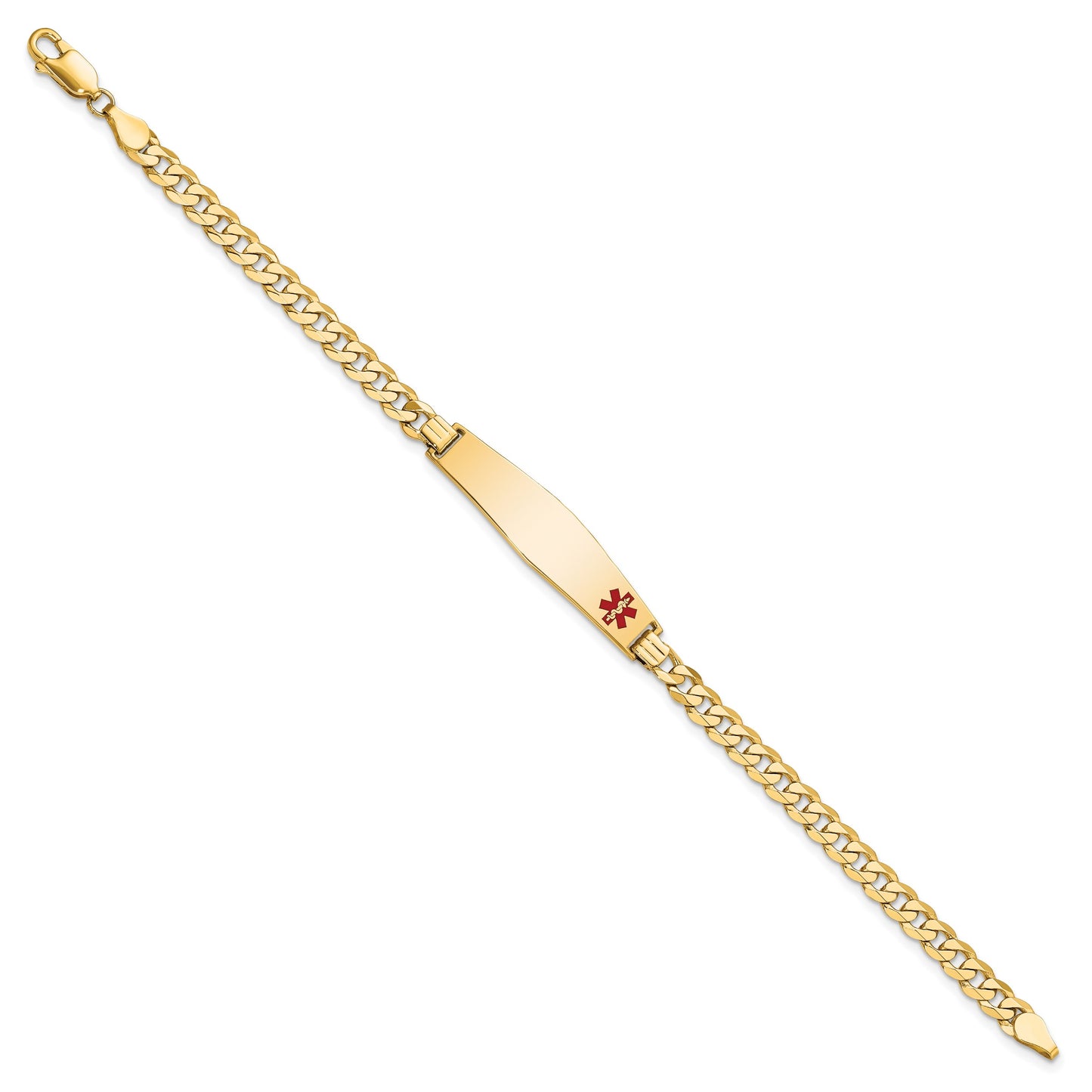 14K Medical Solid Chain/Solid Plate Soft Diamond Shape 33x8mm Off-Center Red Enamel Flat Curb Link 7 inch ID Bracelet