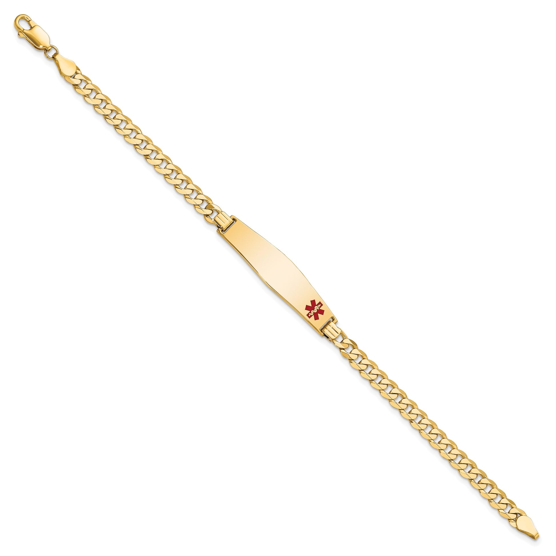 14K Medical Solid Chain/Solid Plate Soft Diamond Shape 33x8mm Off-Center Red Enamel Flat Curb Link 7 inch ID Bracelet