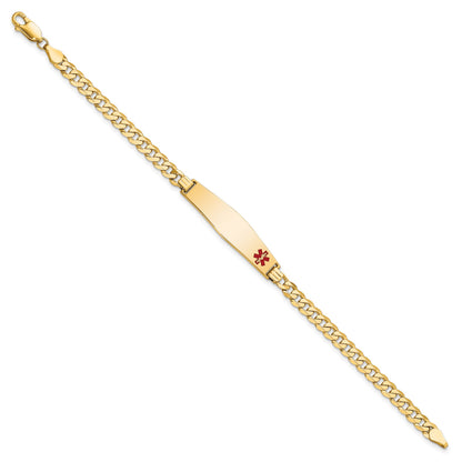 14K Medical Solid Chain/Solid Plate Soft Diamond Shape 33x8mm Off-Center Red Enamel Flat Curb Link 7 inch ID Bracelet