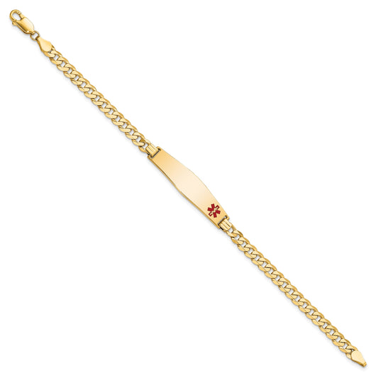 14K Medical Solid Chain/Solid Plate Soft Diamond Shape 33x8mm Off-Center Red Enamel Flat Curb Link 7 inch ID Bracelet