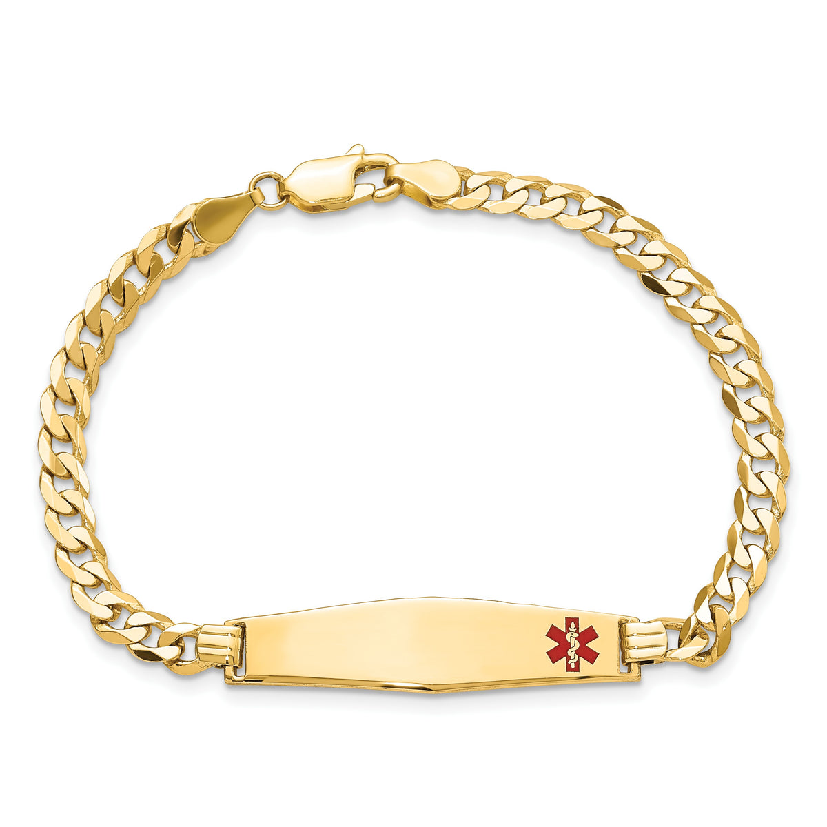 14K Medical Solid Chain/Solid Plate Soft Diamond Shape 33x8mm Off-Center Red Enamel Flat Curb Link 8 inch ID Bracelet